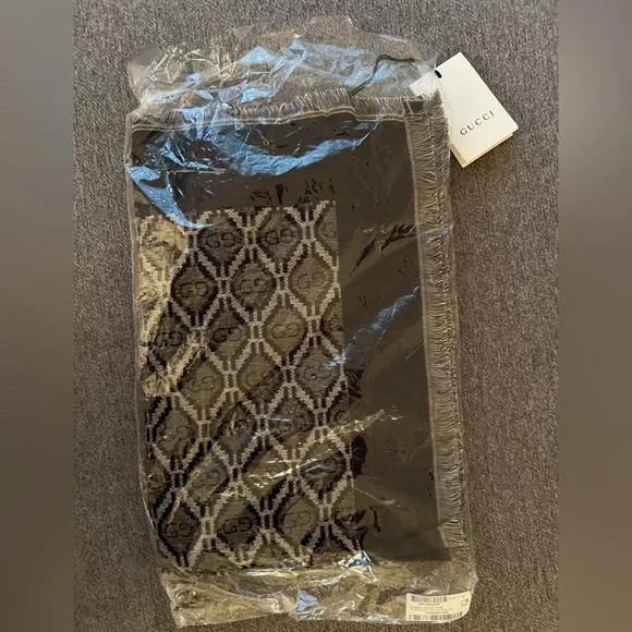 New Gucci GG monogram Fringed Logo-Jacquard Cotton Wool Silk-Blend Scarf - Picture 4 of 11